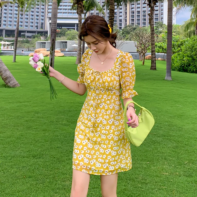 

Floral Yellow High Waist Women Mini Dress Summer 2020 Runway Vintage Party Dress Short Tropical Boho Korean Beach Vacation Dress