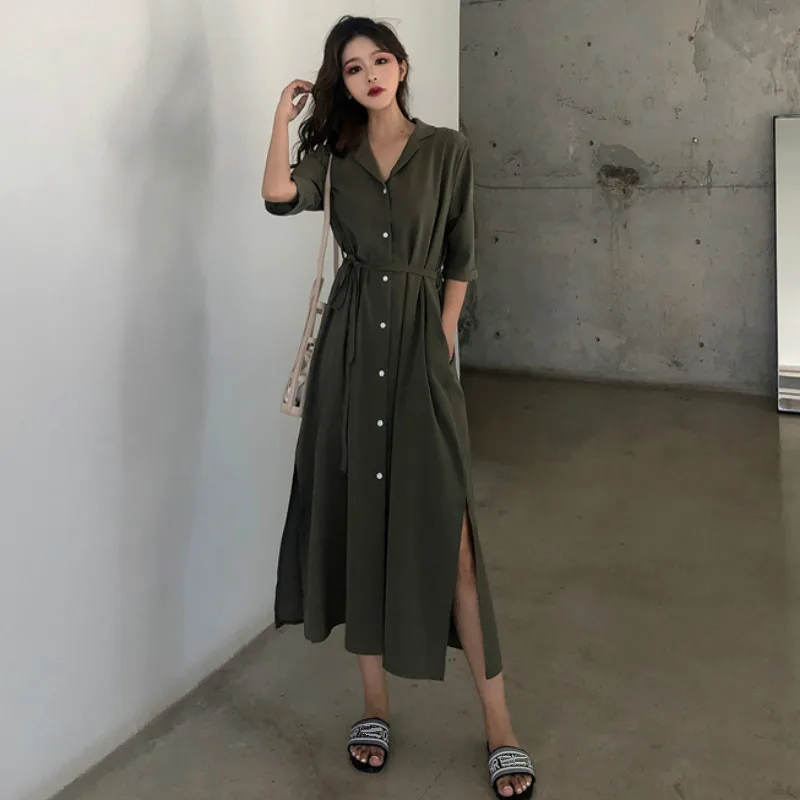 Женское повседневное однобортное платье-рубашка элегантное Свободное длинное
