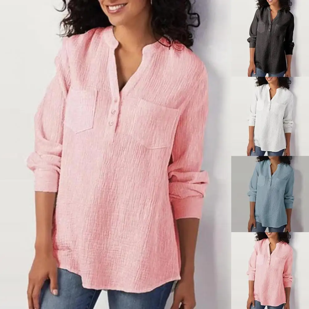 

Autumn Summer Vintage Cotton Blouse Women Long Sleeve Pockets Shirts Women Casual Solid Blusas Female Tunic Tops 3XL