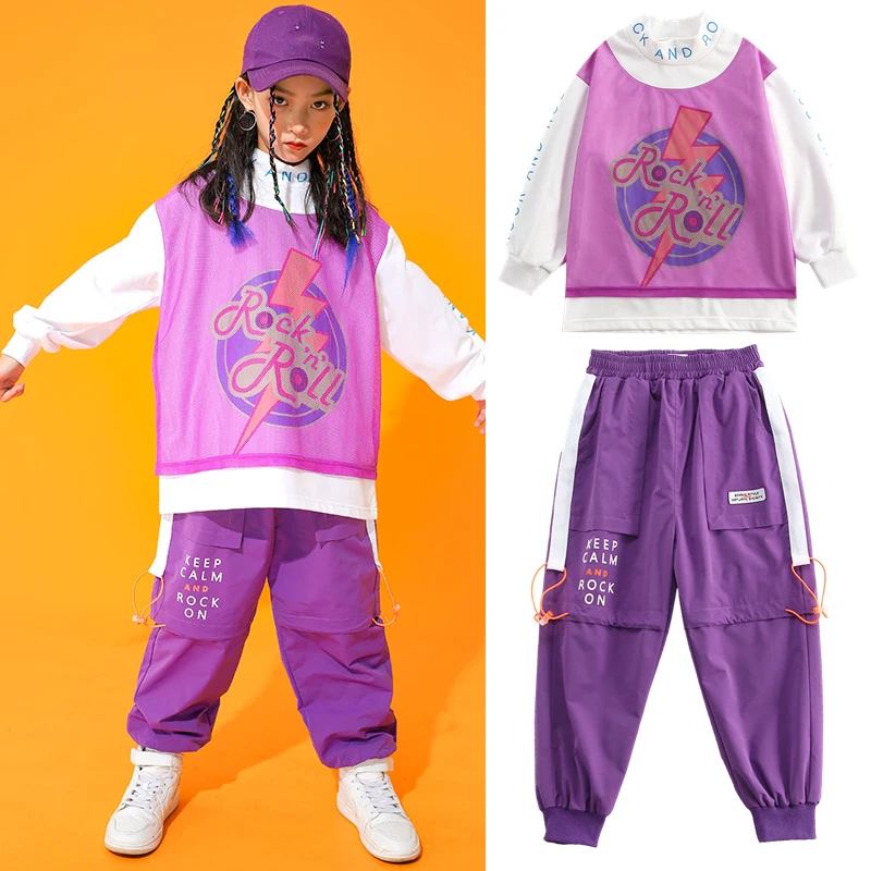 

Girls Modern Dance Hip Hop Clothes For Kids Long Sleeve Tops Purple Hiphip Suit Jazz Performance Costumes Rave Clothes DN7911