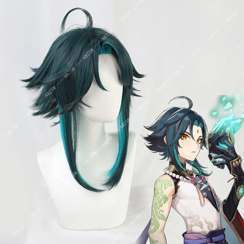 

Парик Аниме Genshin Impact Xiao Косплей смешанные темно-зеленые синие короткие термостойкие волосы для взрослых для ролевых игр на Хэллоуин