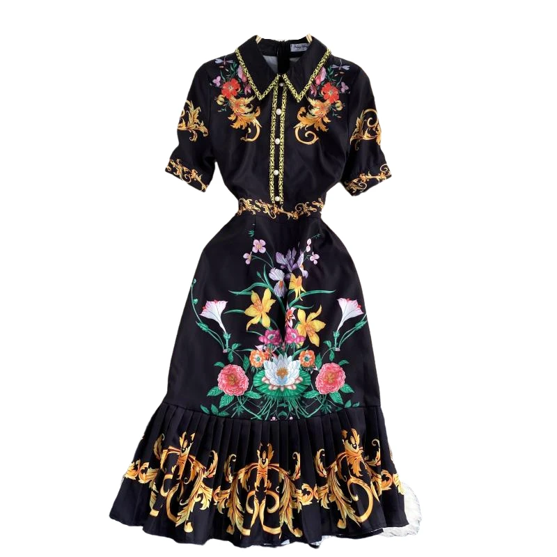 

Vintage Women Dresses Autumn New Turn-Down Collar Slim Printed Mermaid Ruffles Lady Elegant Clothing Top Quality