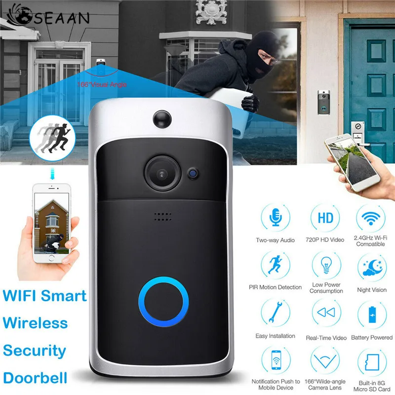 

SEAAN WiFi Wireless Doorbell Video Two-Way Talk Smart PIR Door Bell Security Camera Doorbell Smart Wireless Security Door Bell