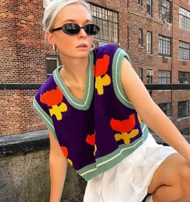 

Women Jacquard sweater vest Knitting Shirt Sleeveless Tops Fall Elastic Party V-Neck Warm Floral Loose Clothes soft pullover