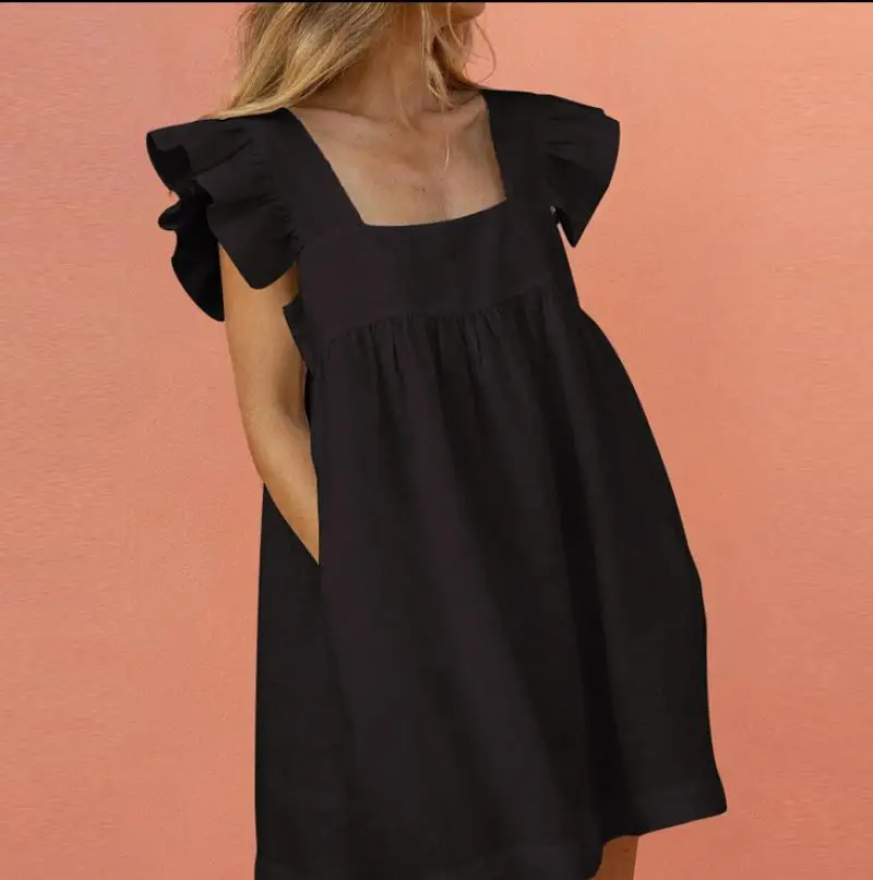 

Ruffles Print Dress Women Casual Loose Pocket A-Line Party Dress Square Neck Sundress 2020 Summer Beach Mini Dress Vestidos