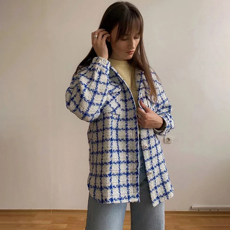

PUWD Causal Women Plaid Pockets Tweed Jackets 2021 Autumn Fashion Ladies Turn-down Collar Streetwear Jacket Girls Chic Outwear