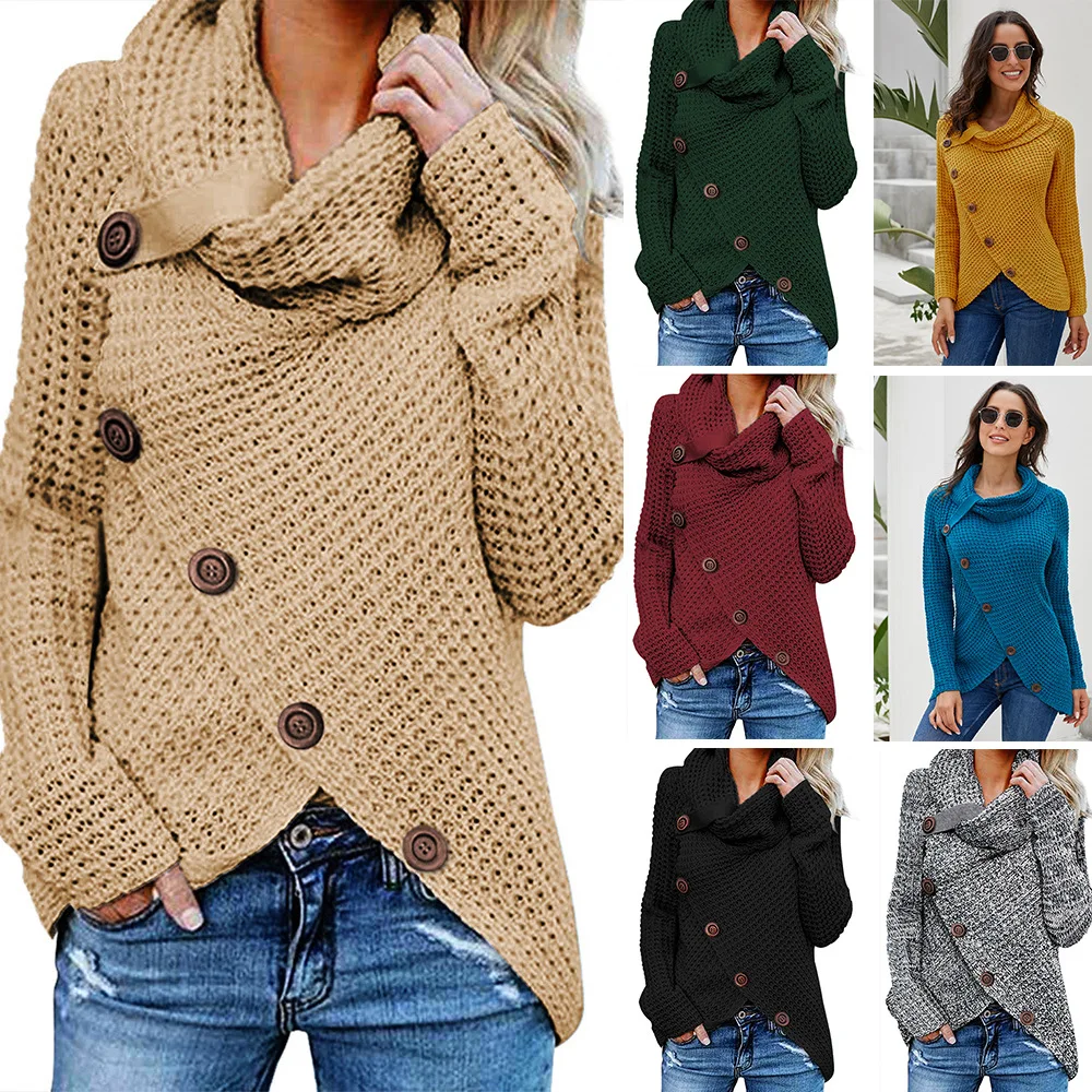 

Womens Button Turtle Cowl Neck Asymmetric Hem Wrap Pullover Sweater Tops Turtleneck Women Winter Clothes