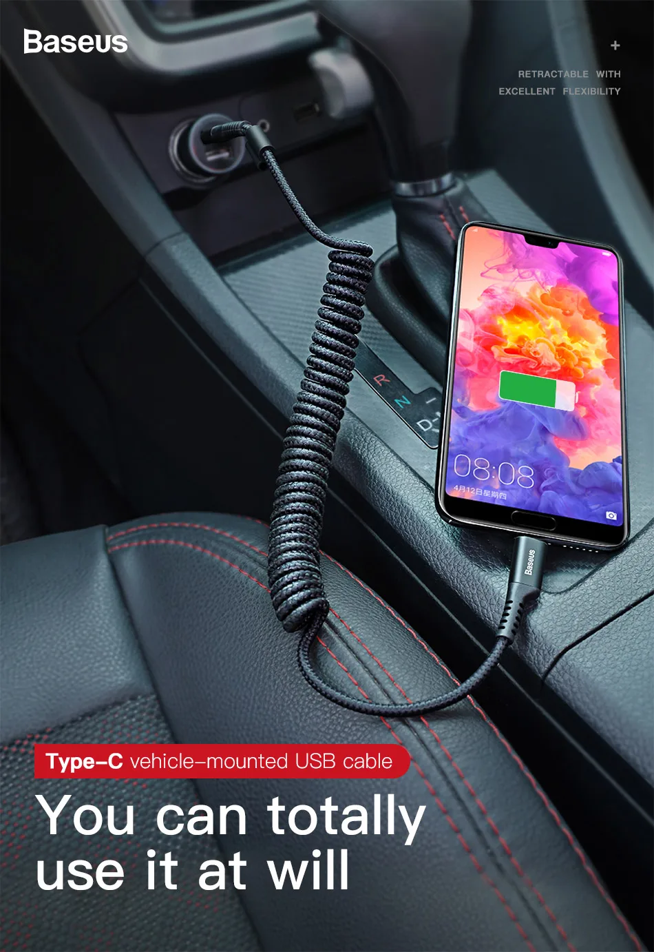 Baseus Весна USB Type C кабель гибкий эластичный стрейч кабель синхронизации данных и зарядки для samsung Xiaomi для iPhone кабель мобильного телефона