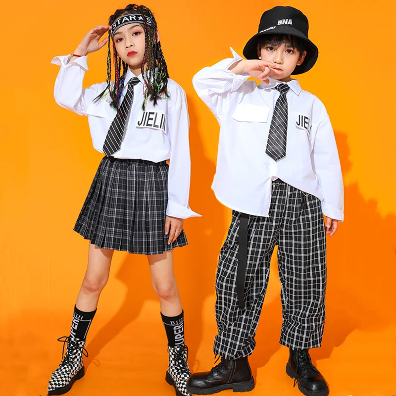 

Girls White Shirt Hip Hop Boys Jazz Plaid Uniform Pants Mini Skirt Kids Street Dance Clothes Sets Child Preppy Sport Costumes