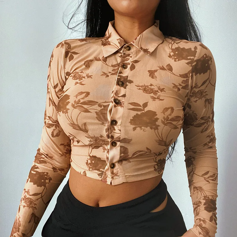 

Floral Cropped Long Sleeve Autumn Tops Shirts for Women 2021 Y2k Aesthetic Turn Down Neck Sexy Blouse Tee Woman Retro Clothes