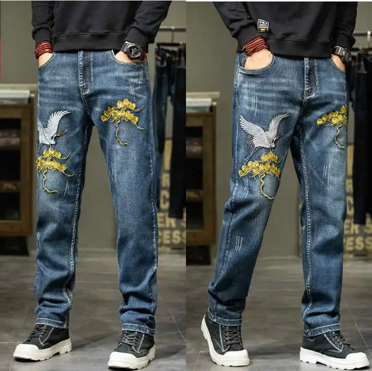 Men Jeans Personalized embroidered Jeans Loose Baggy Denim Pants Loose Straight-Leg Young Man Street Jeans Size 28-40