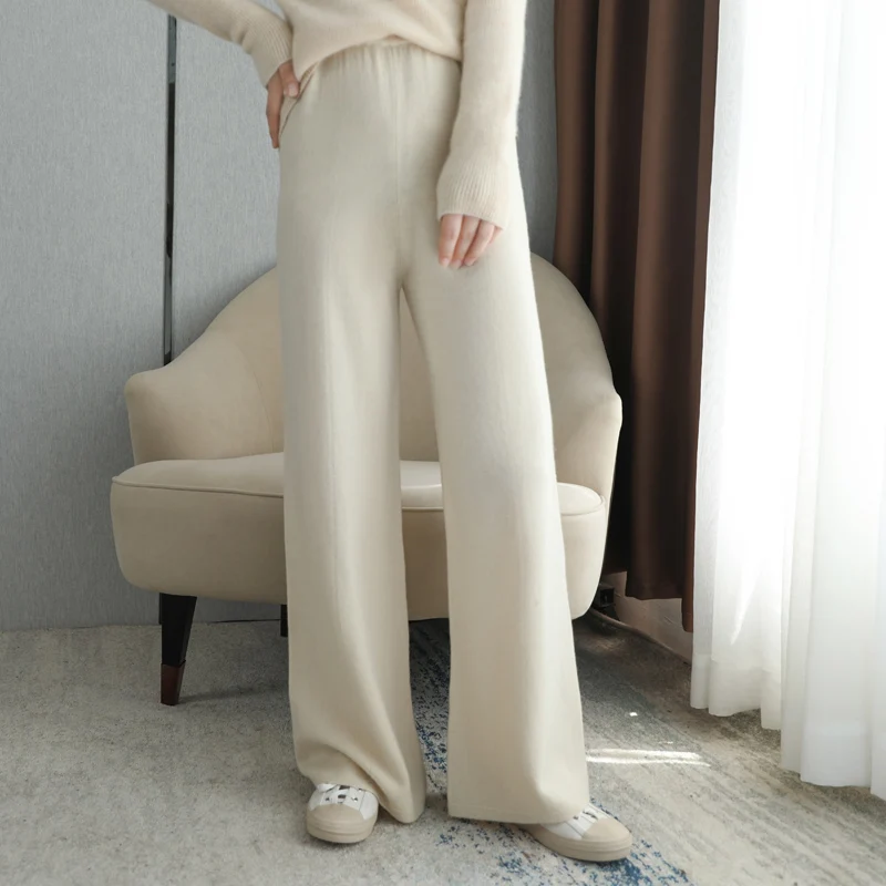 

Women's 100% Cashmere And Wool Soft Waxy Comfortable Camel Pants Female Pure Knitted Wide Leg Pants Elastic Casual Loose Knitte