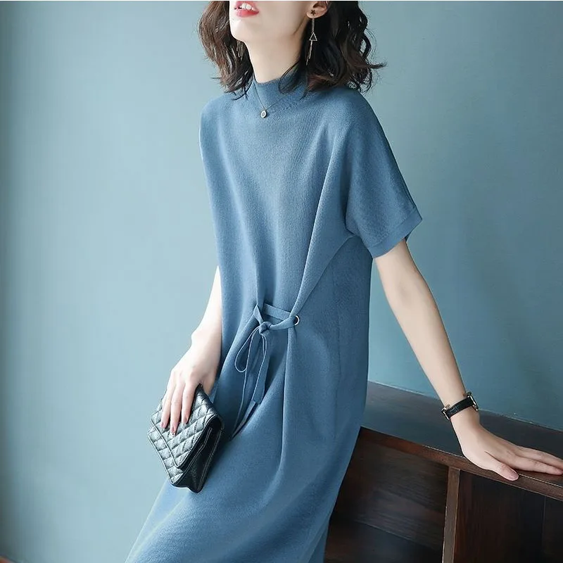 

Women Solid Sashes knitting Dresses Female Summer Autumn Fashion Knitted Plus Size Mid-Calf Long Dresses AA355
