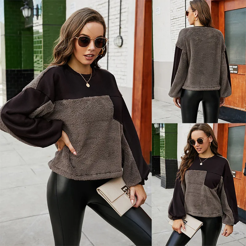 

Fashion round neck sweater casual loose double-sided fleece color block pullover coat