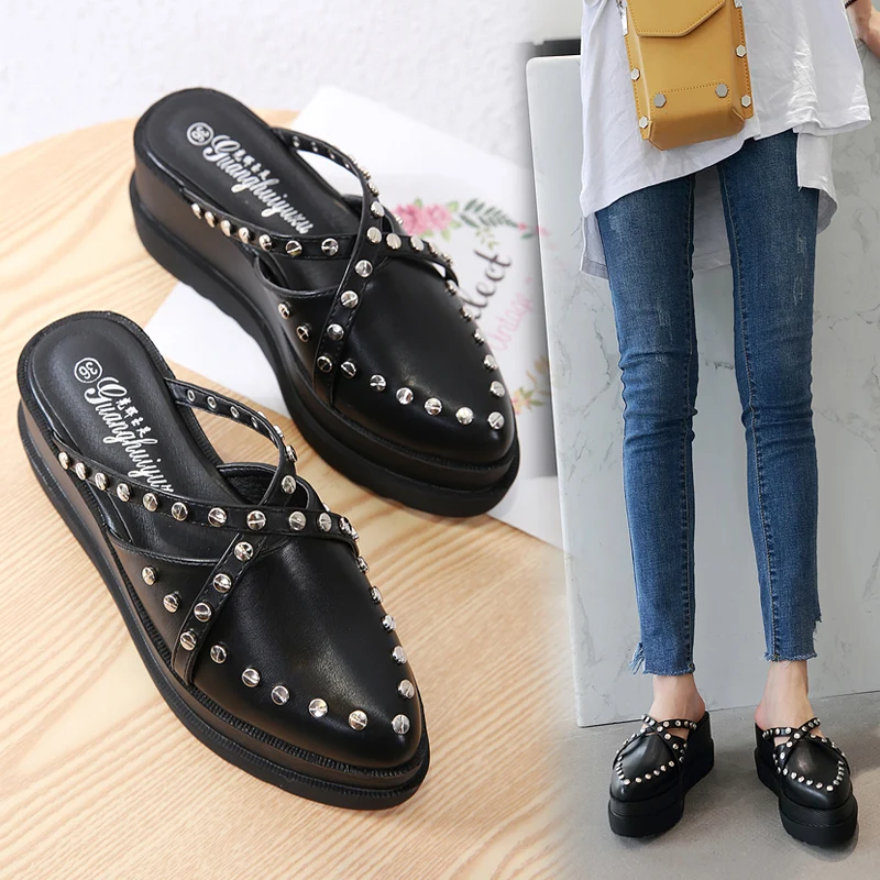 

Shoes Woman Wedges Slippers Platform Heels Mules Pointed Toe Shoes Casual Rivet Cross Strap Slides Loafers Sandalias Mujer Black