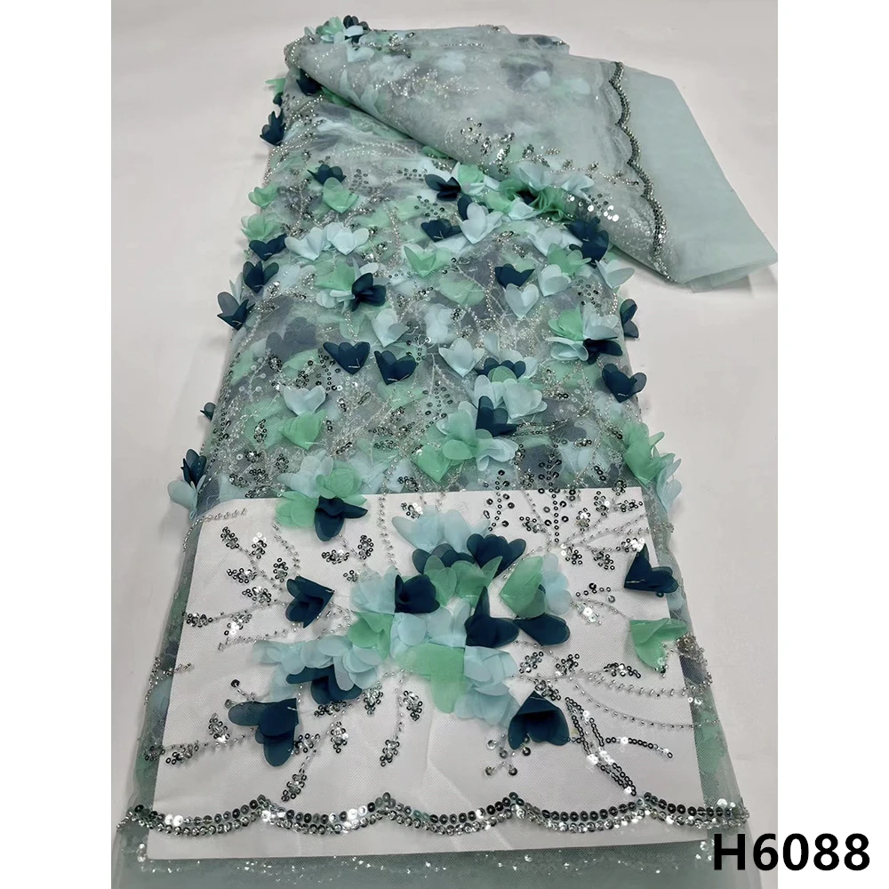 Tela de encaje africano con flores en 3D, tejido de tul nigeriano con cuentas, 5 yardas, para vestido de novia, HX6088, novedad de 2021-5