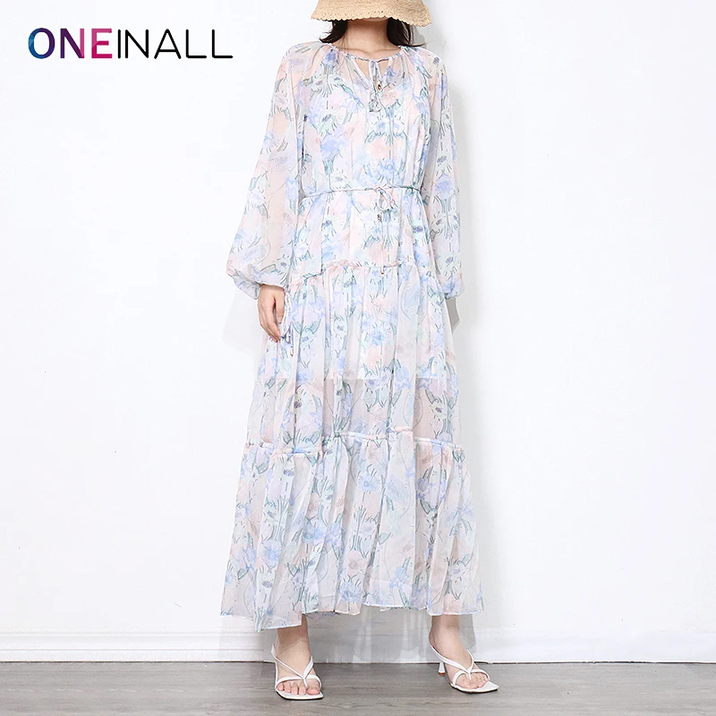 

ONEINALL Print Floral Vintage Dress For Females V Neck Long Sleeve High Waist Slimming Women's Colorblock Maxi Dresses 2021 New