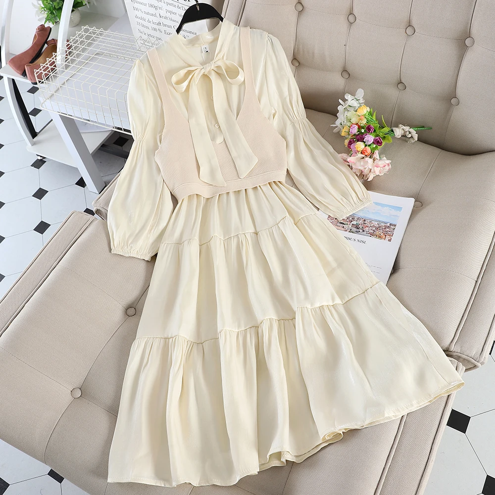 Женское трикотажное платье ALPHALMODA в стиле ретро с бантом и рукавами фонариками