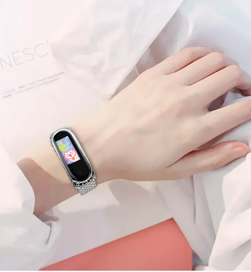 Для Xiao mi band 4 3 ремешок на запястье ремешок для часов резьба процесс Обложка для mi Band 4 3 Correas de reloj женский браслет металлический ремешок