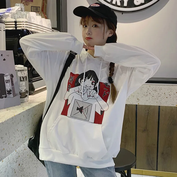 Ulzzang, японский принт с героями мультфильмов, Женская толстовка с капюшоном, новинка зимы, Harajuku, свободная, плюс бархат, толстая, Повседневная Женская толстовка