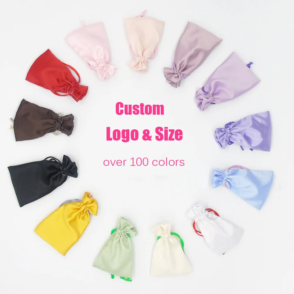 100PCS Satin Drawstring Bag Silk Pouch Jewelry/Hair/Party Favors Gift Packaging Pocket Custom Logo Print Elastic Imitation Silk