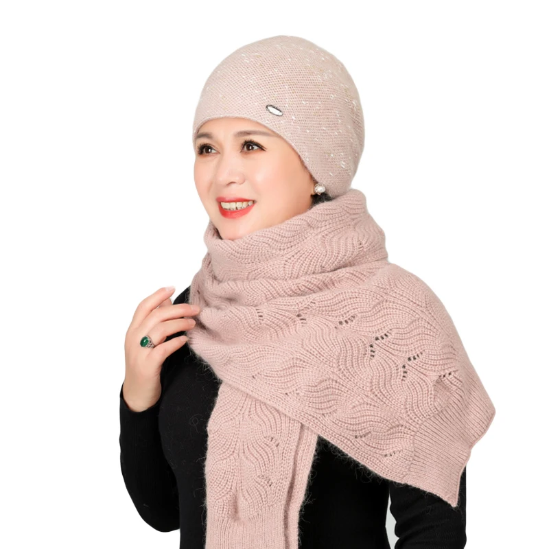 Rabbit Hair Knitted Wool Cap Middle Aged Elderly Warm Plus Velvet Scarf Mothers Birthday Present Elegant Flower Ladies Hat | Аксессуары