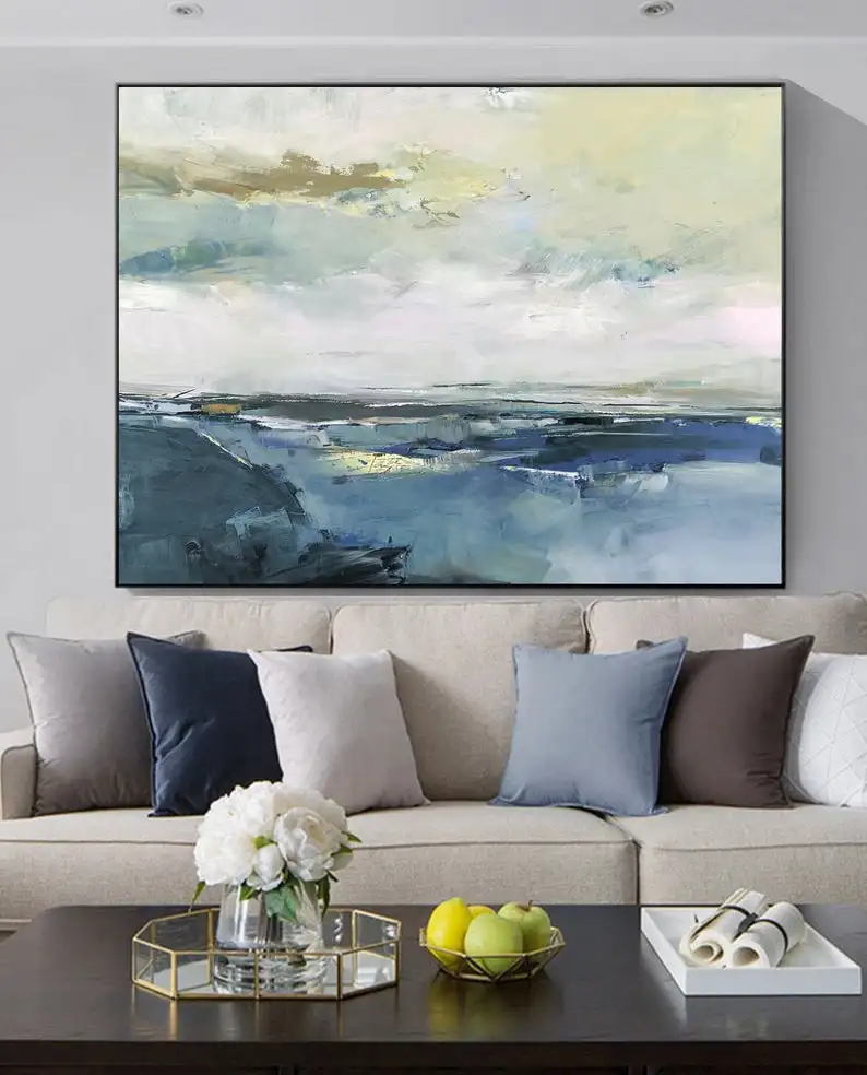 

Coastal Landscape Abstract Canvas Painting,Sky Landscape Painting,Blue Gray Painting,Large White Abstract Art Painting On Canvas
