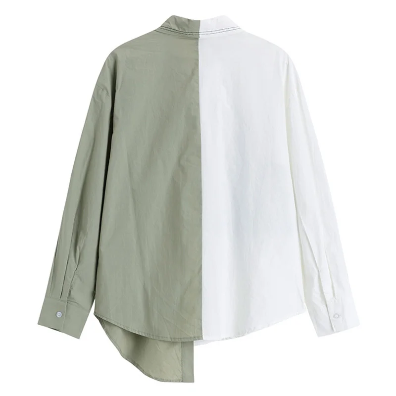 [EAM] Женская Асимметричная зеленая блузка из искусственной кожи большого размера