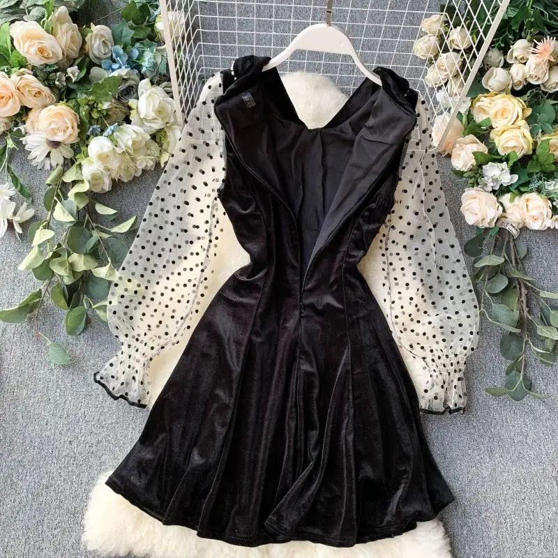 Черное платье в горошек стиле ретро сетчатые женские бусы-кукла облегающее