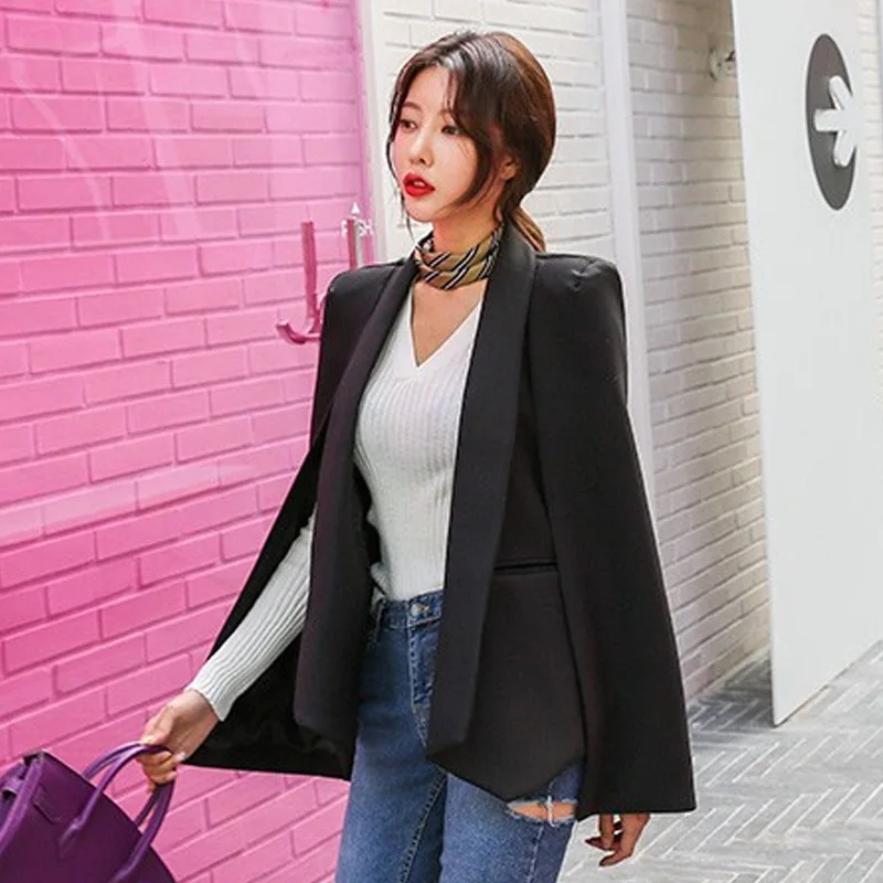 

2021 New Shawl Collar Split Sleeve Cloak Blazer Cape New Women's Spring Black and Gray lattice OL Suit Jacket Coat