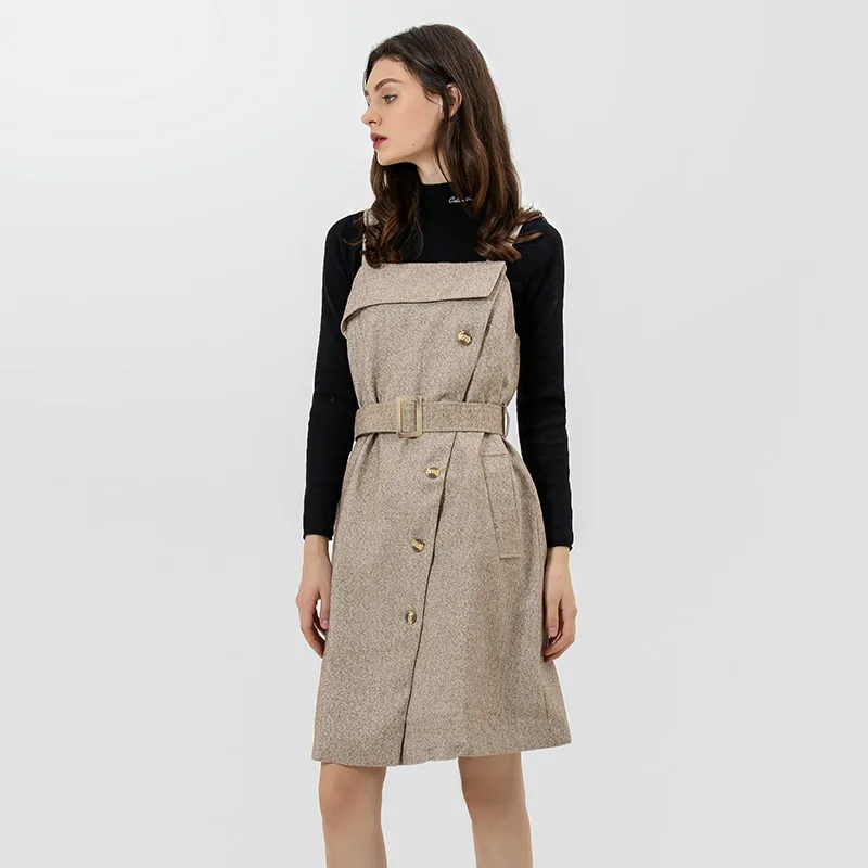 CMAZ Элегантное осенне зимнее повседневное изящное платье на пуговицах с поясом.