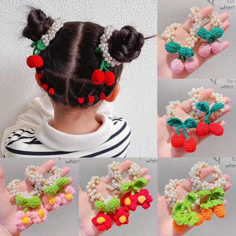 

2pcs Baby Girls Cute Pearls Scrunchies Child Cherry Floral Maker Hair Bun Accessory Elastic Rubber Bands Hair Ties Kids Headwear