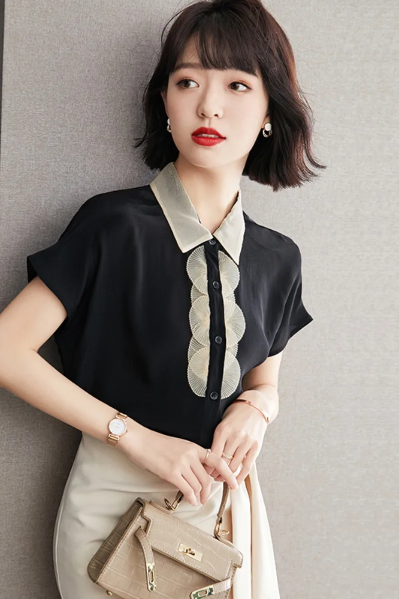 

2021 Summer Women Office Work Chiffon Shirts Lady Short Sleeve Chiffon Tops women Buttoned Shirt Ladies Tops