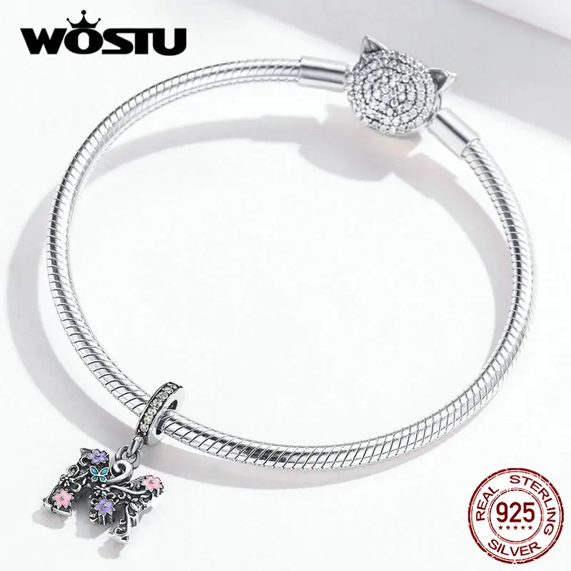 WOSTU 925 пробы Серебряный Алфавит Шарм цветок письмо подходит браслет Кулон Циркон Свадебные модные украшения CQC1273
