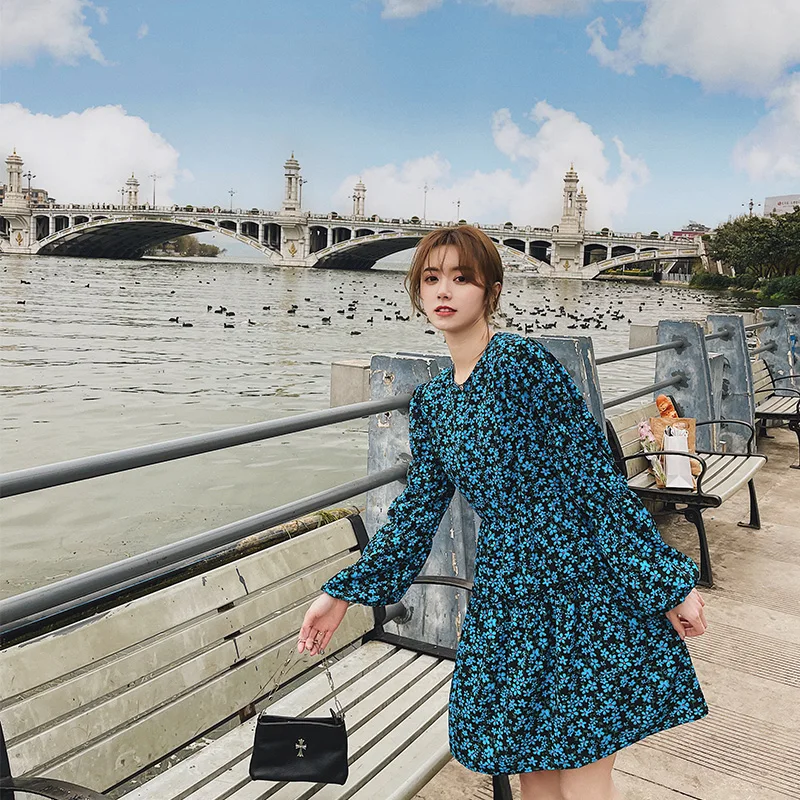 

Spring, summer, retro hubble-bubble sleeve loose long-sleeved dress with belt chiffon flower little skirt