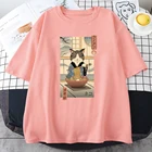 Забавная комиксная женская футболка Neko Raman Ukiyo-E, повседневные футболки в Корейском стиле, лето 2021, крутая футболка, модная черная футболка для девочек