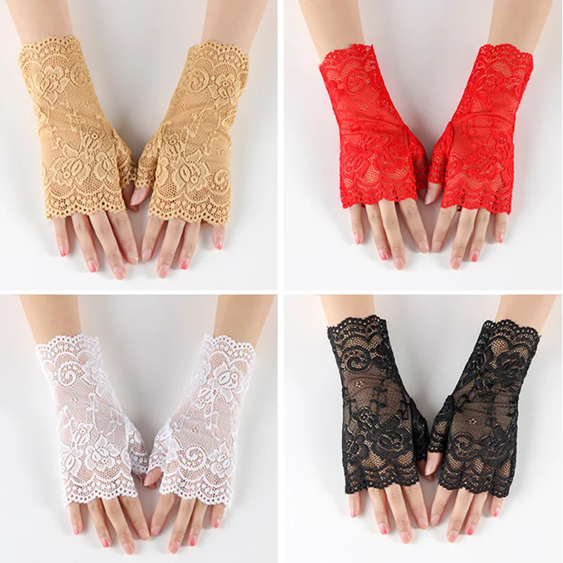

Lady's Fingerless Black Floral Lace Gloves Summer Thin UV-Proof Driving Gloves Gothic Sexy Short Hollow White Red Party Gloves