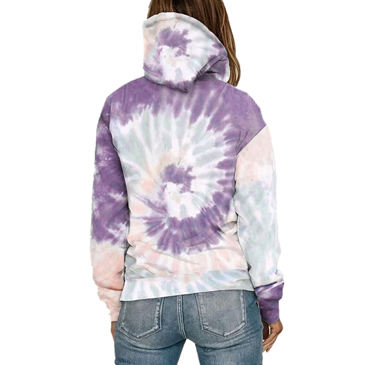 

High Quality Female T-Shirt Tie-Dye Print Long Sleeve Hooded Blouse Tops for Women Purple/Gray/Green/Lake Blue