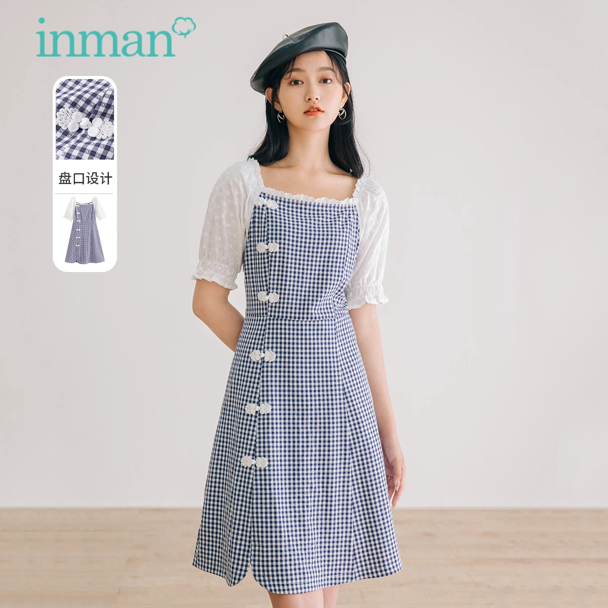 

INMAN летнее осеннее женское платье в стиле ретро с милым квадратным воротником свежий элегантный клетчатый китайский лягушка с коротким рукавом цельный