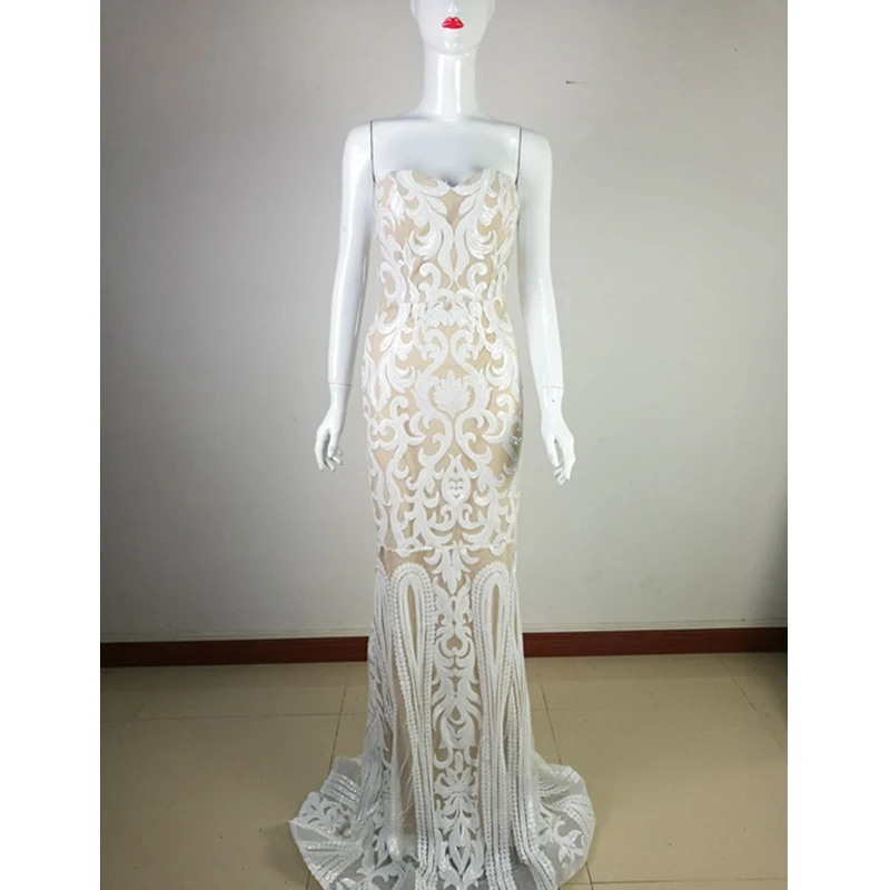 Элегантное Белое длинное платье без бретелек с блестками сексуальное женское 2019