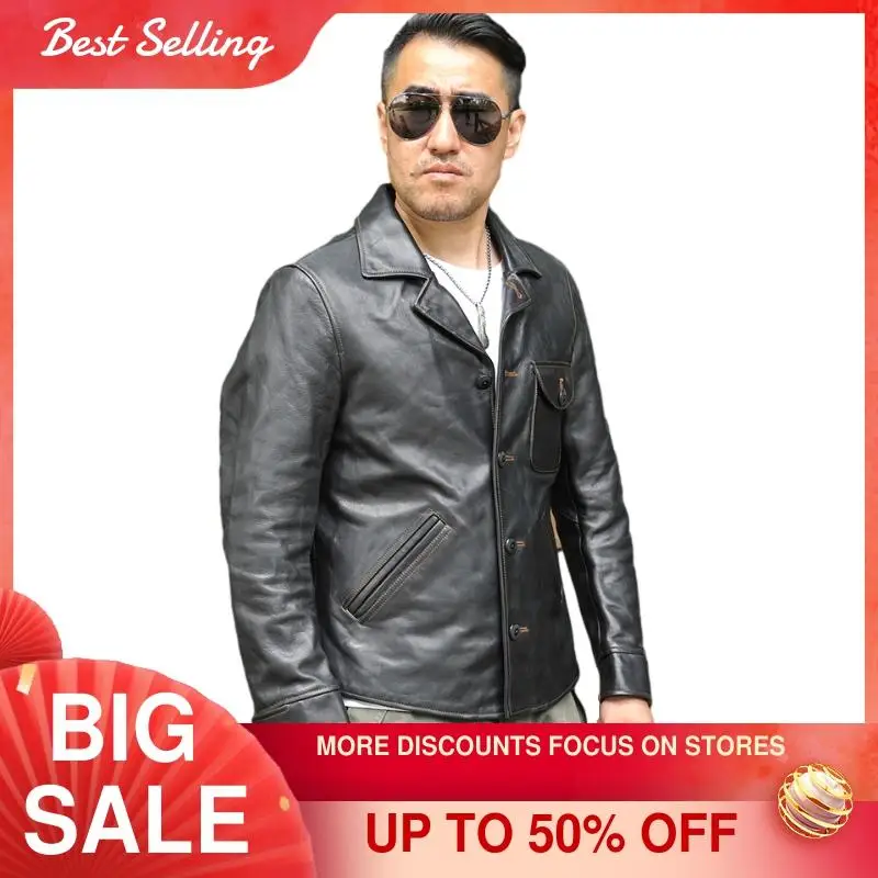 

2021 Black Casual Style Genuine Leather Jacket Men Single Breasted Large Size 3XL Real Natural Horsehide Spring Slim Short Coat