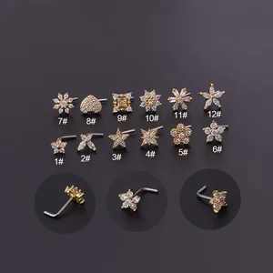 1Piece 20G Stainless Steel CZ Bone Nose Stud Piercing Creative Flower Heart Star L Shape Nose Ring Stud Nose Piering Jewelry