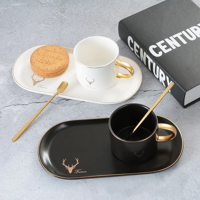 

Light Luxury Elk Ceramic Coffee Cup Oval Saucer with Spoon Set Breakfast Milk Coffee Mug Afternoon Tea Dessert Snack Plate Gifts