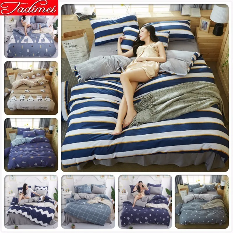 100% мыть хлопок Пододеяльник 3/4 шт набор постельного белья синий полосой взрослый