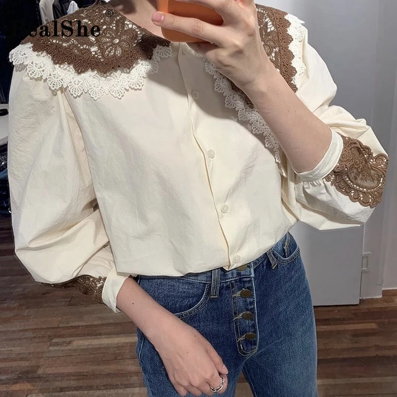 RealShe женская блузка с отворотом длинным рукавом фонариком вышивкой однотонные