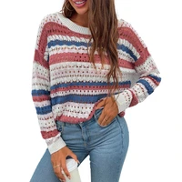 2021 autumn new sweater women fashion o neck hollow knit sweater stripe stitching sweater women casual pullover woman sweaters