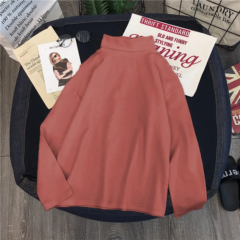 

Spring Autumn Long Sleeve Korean tops womens Chic Soft Striped Turtleneck pullover women Oversized T-shirt camisetas de mujer