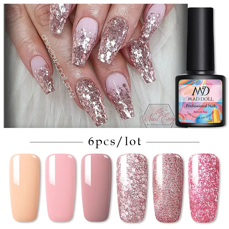 MAD DOLL 6 бутылок/комплект однотонный Блестящий УФ гель для ногтей с блестками