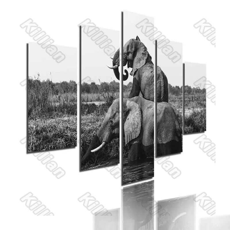 

Nostalgia Style Mural Canvas Paintings Modular Bed Home Decor Prints 5 Pieces Elephant Lake Decoration Living Room Wall Fresco