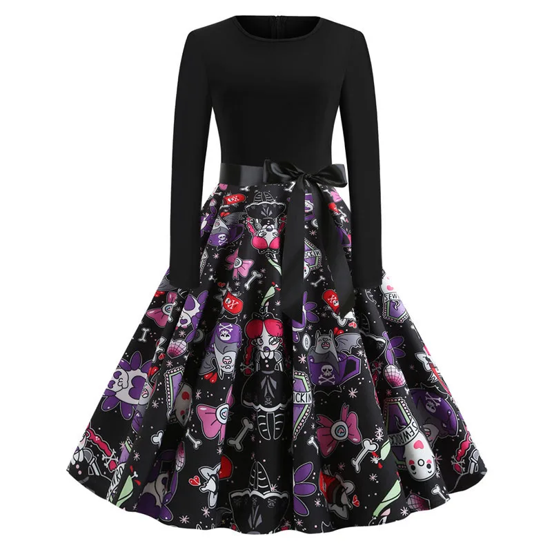 Junxi Wan/повседневное винтажное платье с длинными рукавами и принтом тыквы на Хэллоуин зимние черные элегантные вечерние платья в стиле пэчворк